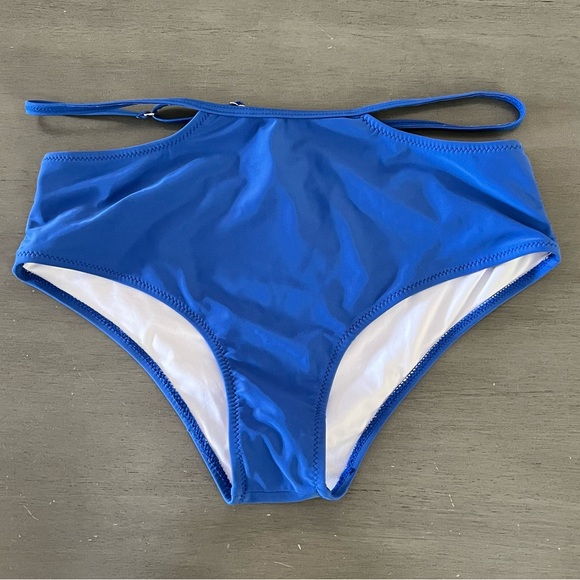 NEW Tempt Me Blue High Waist Adjustable Belt Swimsuit Lined Bikini Bottoms L - Picture 1 of 4